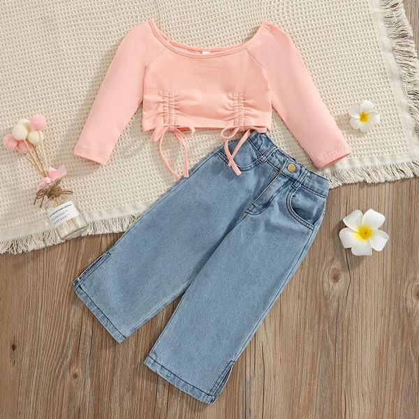 

clothing sets spring fall autumn kids girls clothes drawstring cropped pullover split denim pants 2pcs children's, White