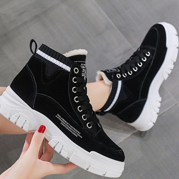 

boots winter women short moccasins shoes warm plush lace up sneakers ladies thick bottom high toe vogue female, Black