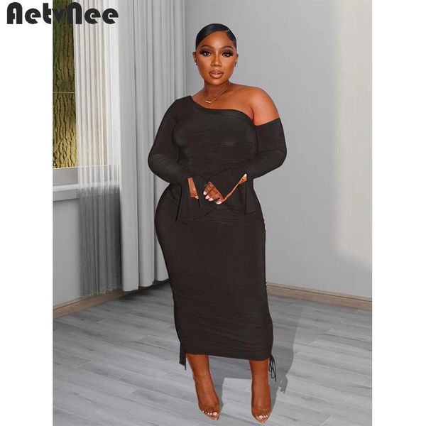 

casual dresses plus size maxi dress women outfit fall flying sleeve skew collar draw string stretchy skinny party long fashion vestidos, Black;gray