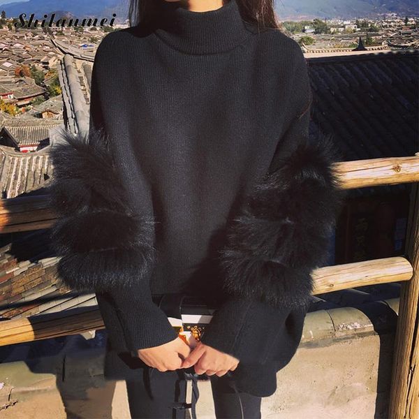 

women oversized fur sweater winter truien dames fluffy sweater tunic turtleneck pull femme manche longue 2021 fashion outwear s20210106, White;black