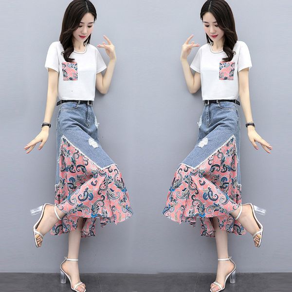 

2021 new summer fashion women's chic short sleeve cotton tshirt +irregular denim skirts 2 piece suit lady jeans skirt sets b393, Black;gray