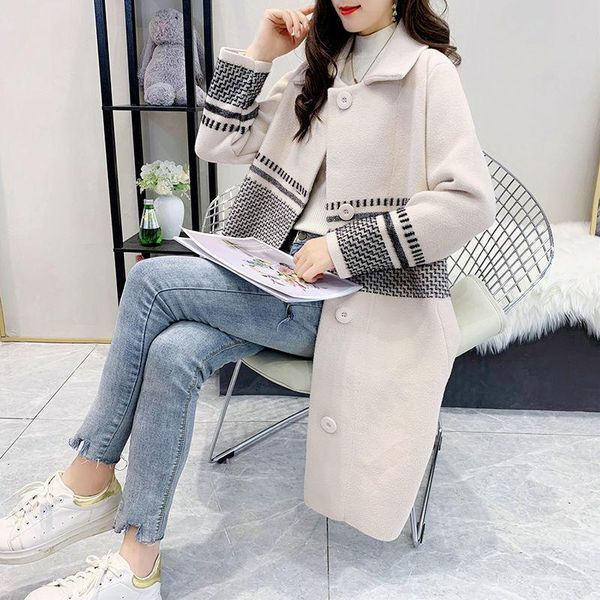 

women's wool & blends korean-style plaid color matching loose cardigan, Black