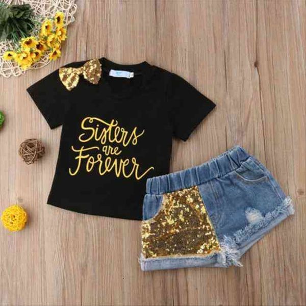 

kids baby girl bowknot t shirts sequins denim jeans pants clothes outfit set, White
