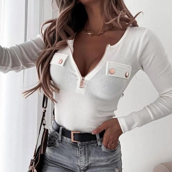 

women's blouses & shirts women zipper knitted blouse winter street solid color slim-fit long-sleeved pullover casual shirt ropa de muje, White