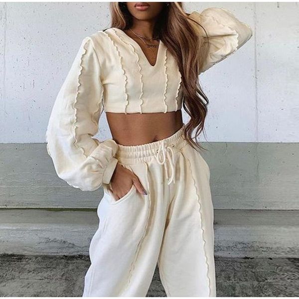 

women's two piece pants v-neck crop pullovers + trousers suit 2021 autumn ruched lantern long sleeve drawstring sweatpant female sport, White