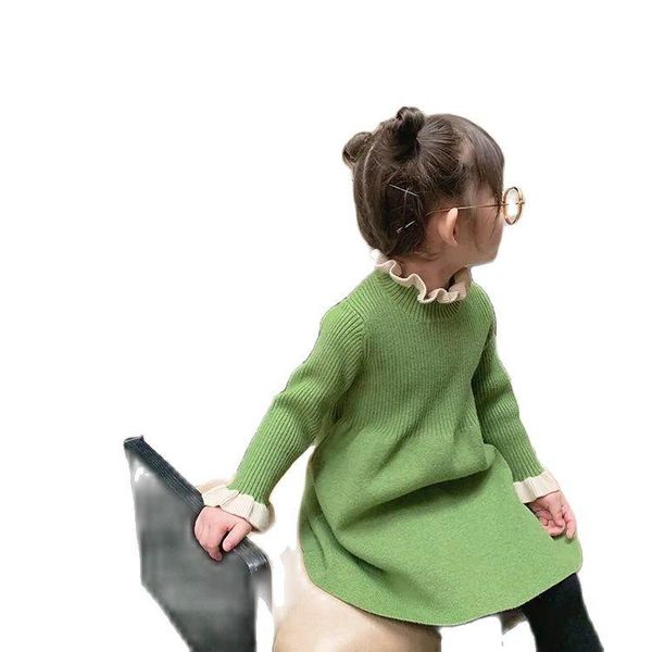 

girl's dresses vidmid girls lace contrast color wool dress children's clothing autumn and winter children lady baby knit p5502, Red;yellow