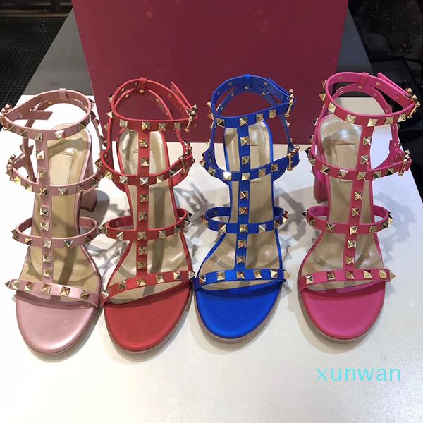 

brand design stud sandals women leather high heels summer shoes ladies high heels 9.5cm fashion rivets shoes, Black