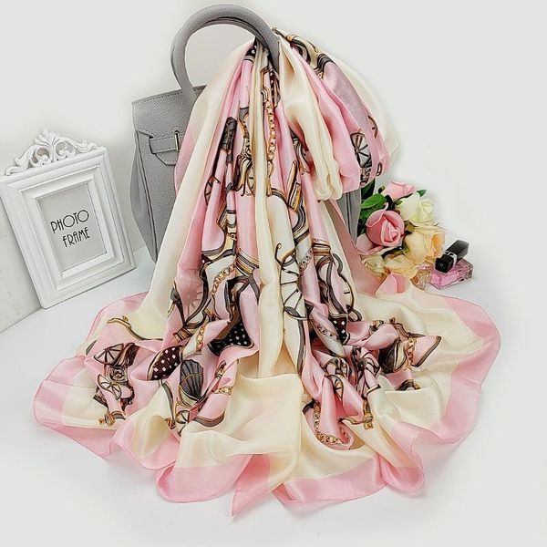 

scarves high-grade silk scarf sunscreen 180x90cm shawl korean style chain fashion print beach towel summer dustproof bandana, Blue;gray