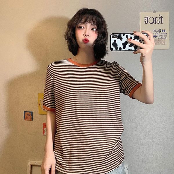 

women's t-shirt women men fashion brand korea style vintage khaki stripe ulzzang harajuku o-neck long sleeve t-shirts female casual tee, White