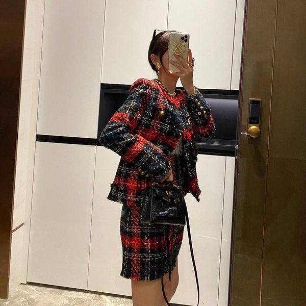 

women winter fashion new brand design grid pattern tweed coat and skirt set lady clothing1230, Black;brown