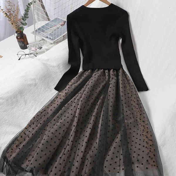 

casual dresses autumn women knitted tulle patchwork elegant long sleeve polka dot a line black ladies kzvp, Black;gray