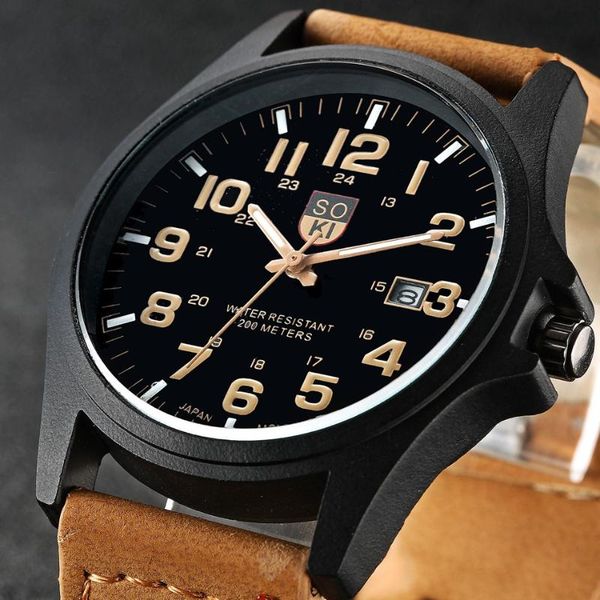 

wristwatches brand sport military watches fashion casual quartz watch leather analog men 2021 soki luxury wristwatch relogio masculino, Slivery;brown