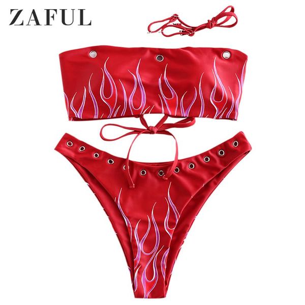 

women's swimwear zaful women flame print grommets lace-up high cut bikini swimsuit wire removable padded bandeau sets sexy, White;black