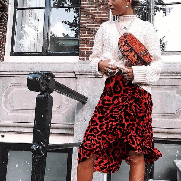 

womens skirt womens high waist high fashion ladies bow tie pleated bow hem leopard wrap skirt midi jupe femme h4, Black