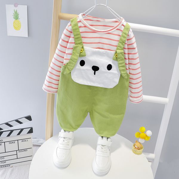 

2021 spring new born outfits t-shirt + striped overalls suit for a 1-year anniversary gift from baby girl clothes set of pjsc, White