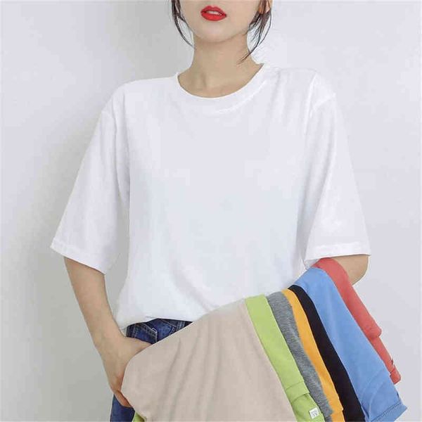 Frauen Einfarbig T Shirt Baumwolle Koreanische Mode Kleidung Plus Größe Halbe Hülse Nette Studenten Basierend Tops Frauen Hemd Dropshipping G220228