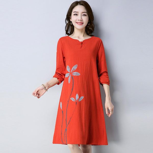 

casual dresses v-neck long sleeve autumn dress print lotus cotton linen loose women office lady ol work female midi, Black;gray