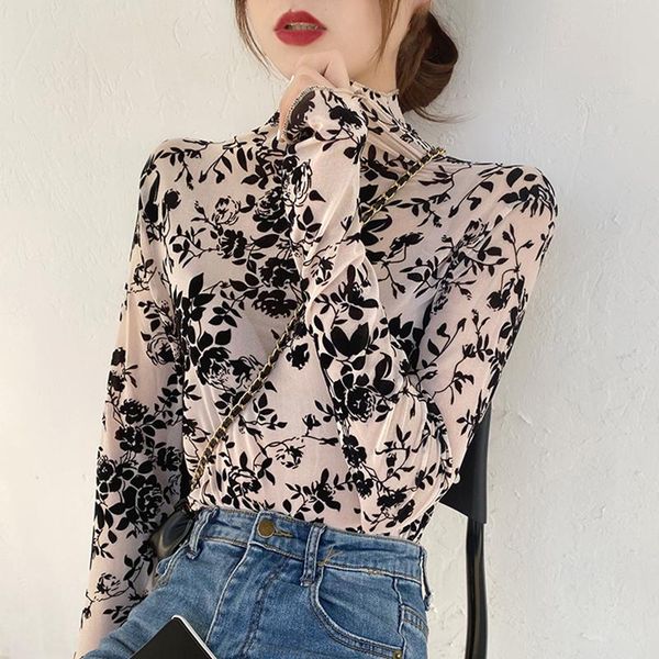 

women's blouses & shirts casual vintage print flowers womens chiffon and ladies sweet ruffled long sleeve mesh blusas mujer, White