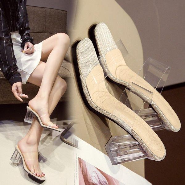 

slippers transparent crystal sandals and female 2021 drag high-heeled, Black