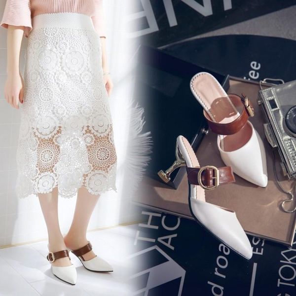 

slippers sandals shoes women 2021 summer stiletto all-match office lady one word high-heeled patchwork half heels woman, Black