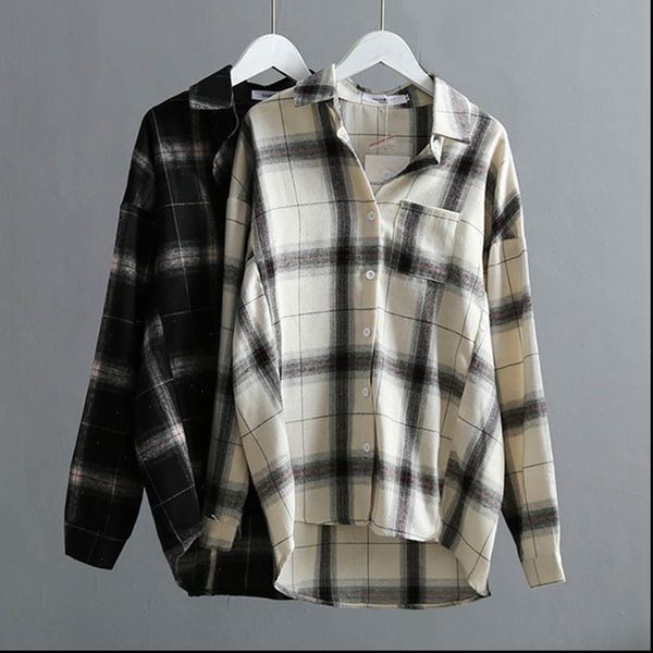 

fall winter cotton plaid women blouse shirt 2021 casual office womans shirts large size plaids white black