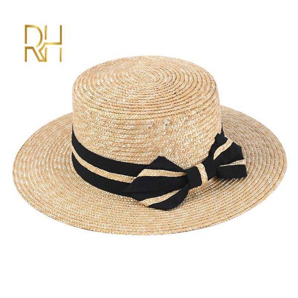 

rh st panama visor cap good quality wheat women wide brim fedora sun hat with bowknot x0707, Blue;gray