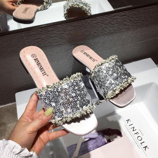 

shoes woman 2021 female slippers new flat summer rubber fabric rome slides sweet bling basic pu shoes ladies' slippers slipers w, Black