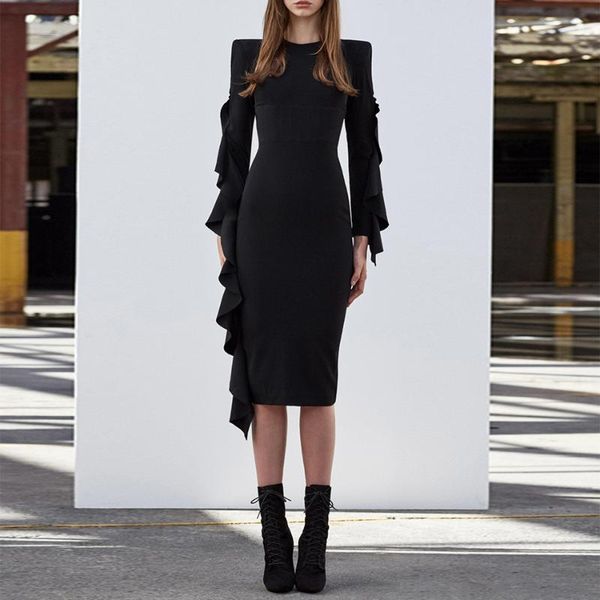 

casual dresses dressbird women dress autumn winter long sleeve bandage bodycon vestidos elegant black ruffles woman party night clubwear, Black;gray