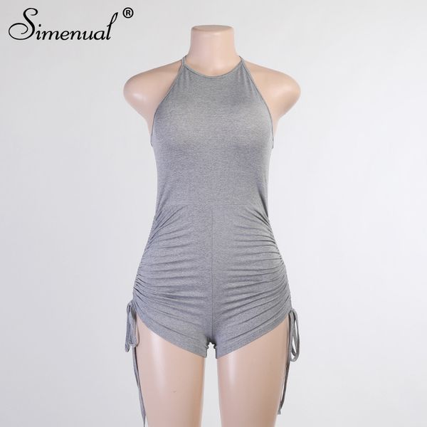 

sporty drawstring halter rompers for women grey workout active wear playsuits solid casual backless one piece outfit, White;black