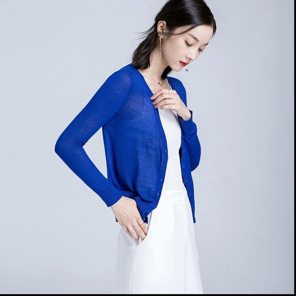 

2021 summer thin jacket women cardigan blue green full sleeve single breasted v neck thin outerwear womens sueter mujer 185013, White;black