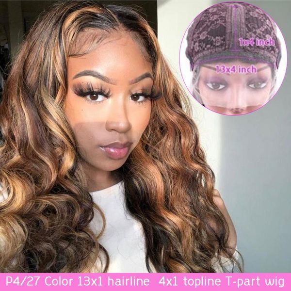 

lace wigs human hair brazilian for women t-part middle part wig body wave non remy p4/27 ombre/natural color, Black;brown