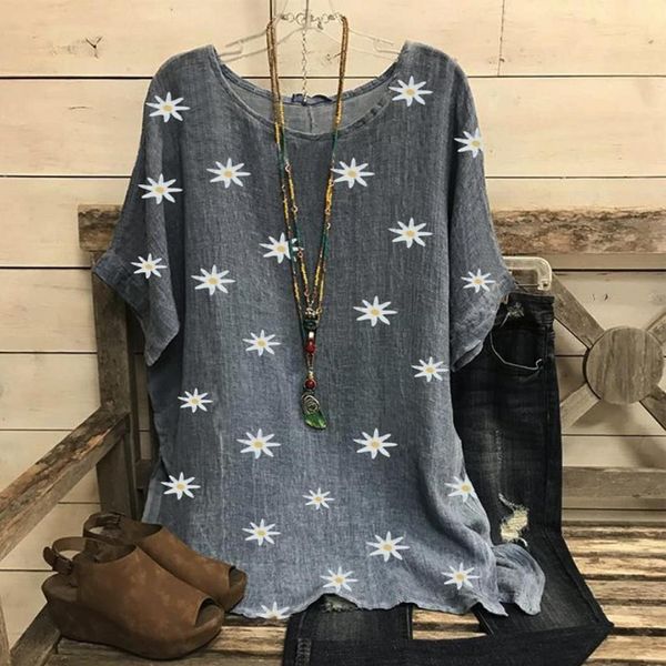 

5xl women blouses elegant daisy print o neck blouse shirt summer 2021 short sleeve cotton linen shirts feminino, White