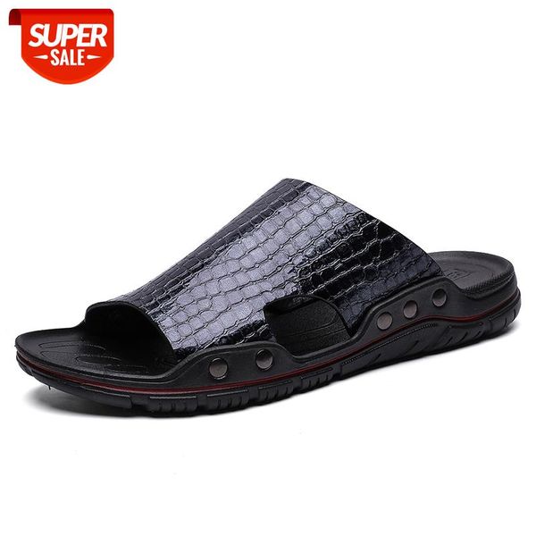 

new leather slippers men indoor outdoor classic footwear casual men slides shoes beach sandals sandalias zapatillas hombre #0t6u, Black