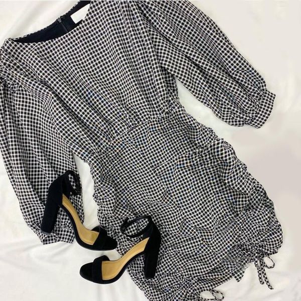 

sagace women's dress long sleeves tight black and white plaid dresses casual drawstring stitched o neck lantern sleeve dress, Black;gray
