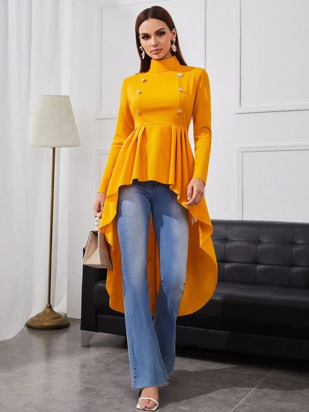 

mock neck double breasted dip hem peplum z7st#, White