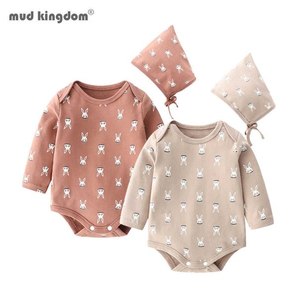 Mudkingdom Säugling Baby Mädchen Langarm Strampler Herbst Winter Body Kaninchen Muster mit Hut 210615