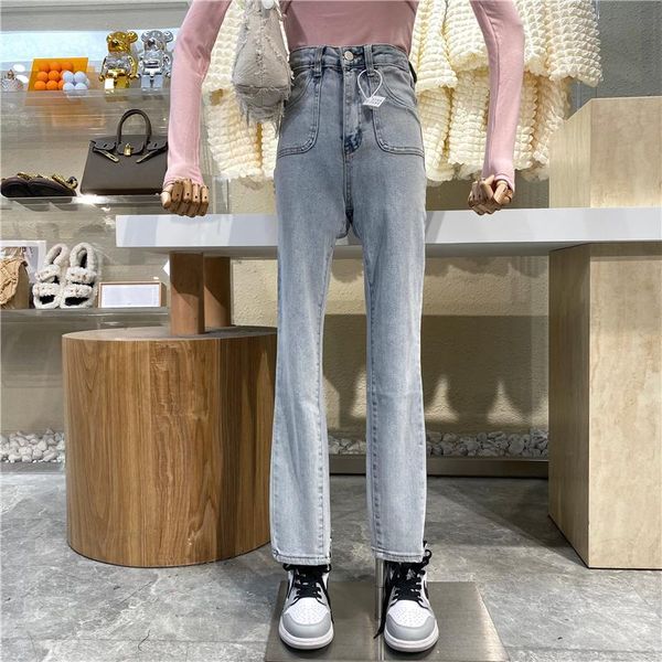 

women's jeans retro washed blue high waist slim straight pants thin tight elastic hip lift nine point small leg pencil