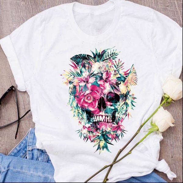 

women graphic skull flower floral harajuku print halloween clothing clothes lady tees female t shirt womens t shirt, White