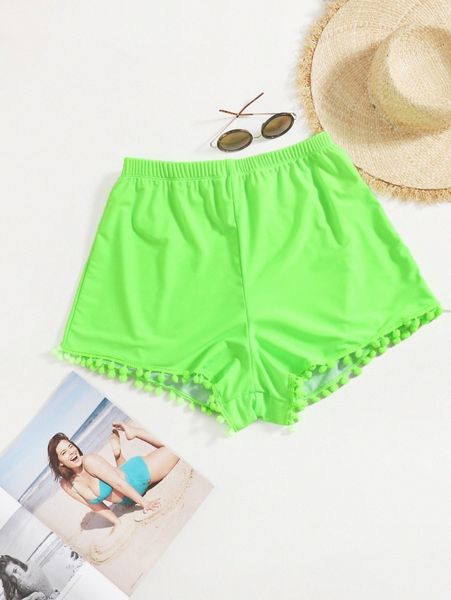 

plus pom-pom trim bikini shorts l8yl#, Black