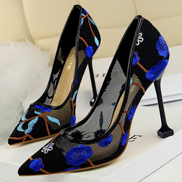 

dress shoes 2021 fashion women's high-heeled shallow mouth pointed flowers embroidery thread lace mesh hollow nightclub, Black