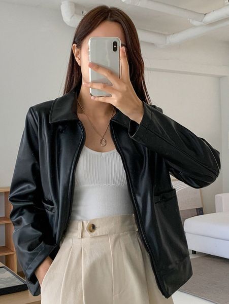 

dazy dual pockets zip-up pu jacket v1lb#, Black;brown