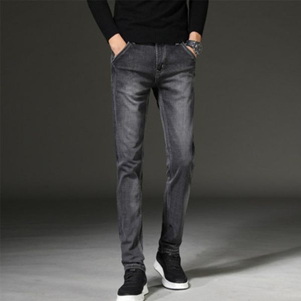 

men's jeans thin smoky gray stretch straight mid-waist pants, Blue