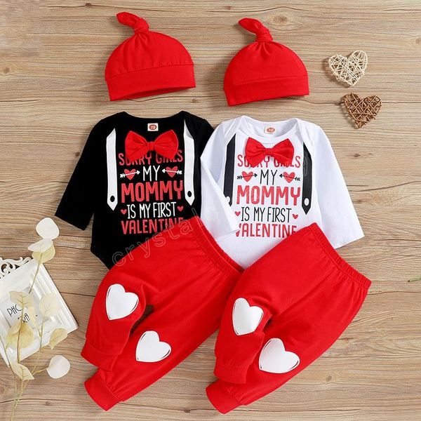 

kids clothing sets boys valentine's day outfits infant letter print romper +love heart pants+hats 3pcs/set spring autumn baby clothes, White