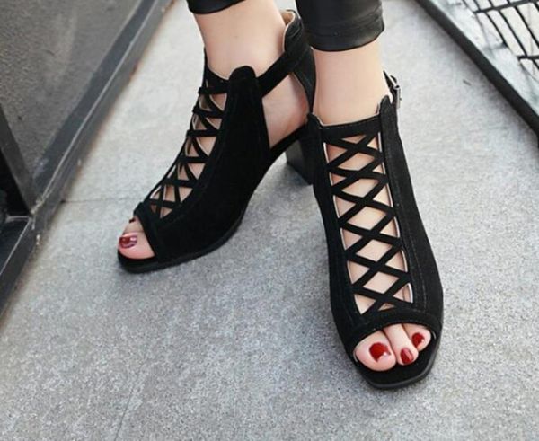 

women high heels fish mouth sandals female cover chunky heel gladiator sandals 2021 summer ladies shoes footwear plus size 43, Black