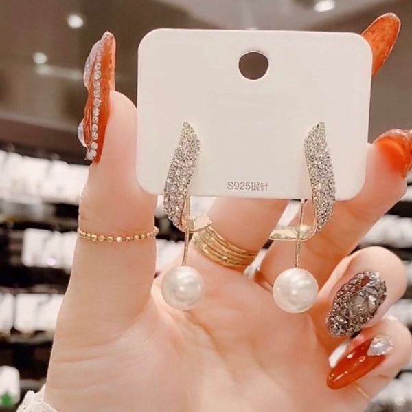 

rhinestone s925 geometric silver needle earrings a two belt pearl tassel net red fashion hundred matching earrings, Golden;silver