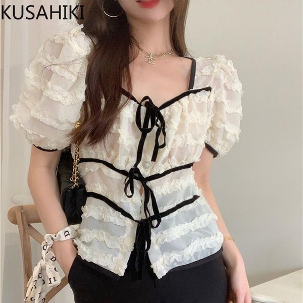 

women's blouses & shirts kusahiki korean chiffon hit color patchwork shirt puff sleeve square collar women blouse bow tie slim short bl, White
