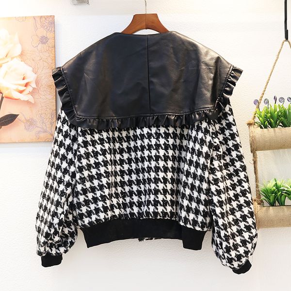 

winter thick warm loose pu leather splice houndstooth jacket women outwear 2 color plaid sailor collar sequin tweed coat female zcjl, Black;brown
