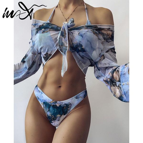 

in-x tie-dye print 3 piece swimsuit female mesh bikini 2021 long sleeve swimwear women knot biquini beach wear bathing suit, White;black