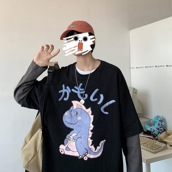 

men's t-shirts 2021 cartoon printed fake two pieces trendy men tshirt long sleeve loose t shirt for male tee shirts homme, White;black