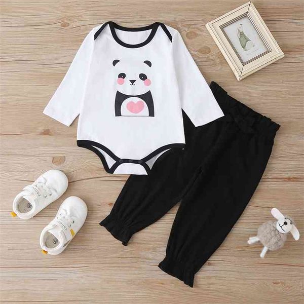 Inverno Bambini Imposta manica lunga Stampa Cartoon Panda Pagliaccetti Pantaloni solidi neri Carino 2 pezzi Ragazzi ragazze Vestiti 0-2T 210629